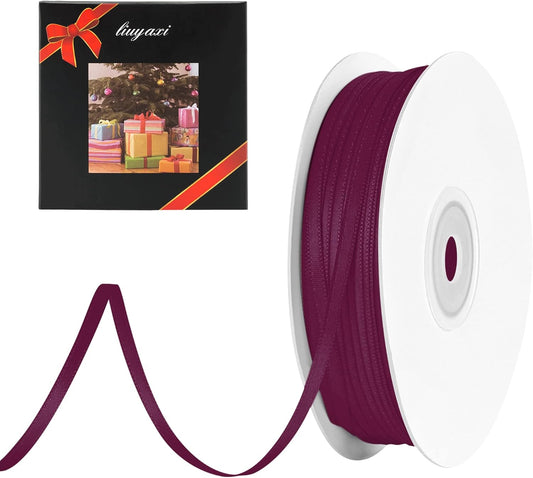 LIUYAXI Burgundy Double Faced Satin Ribbon, 1/8" X Continuous 100 Yards, Thin Ribbons Perfect for Gift Wrapping Wedding Invitation Card Hair Bows Tag Floral Arrangement DIY Craft