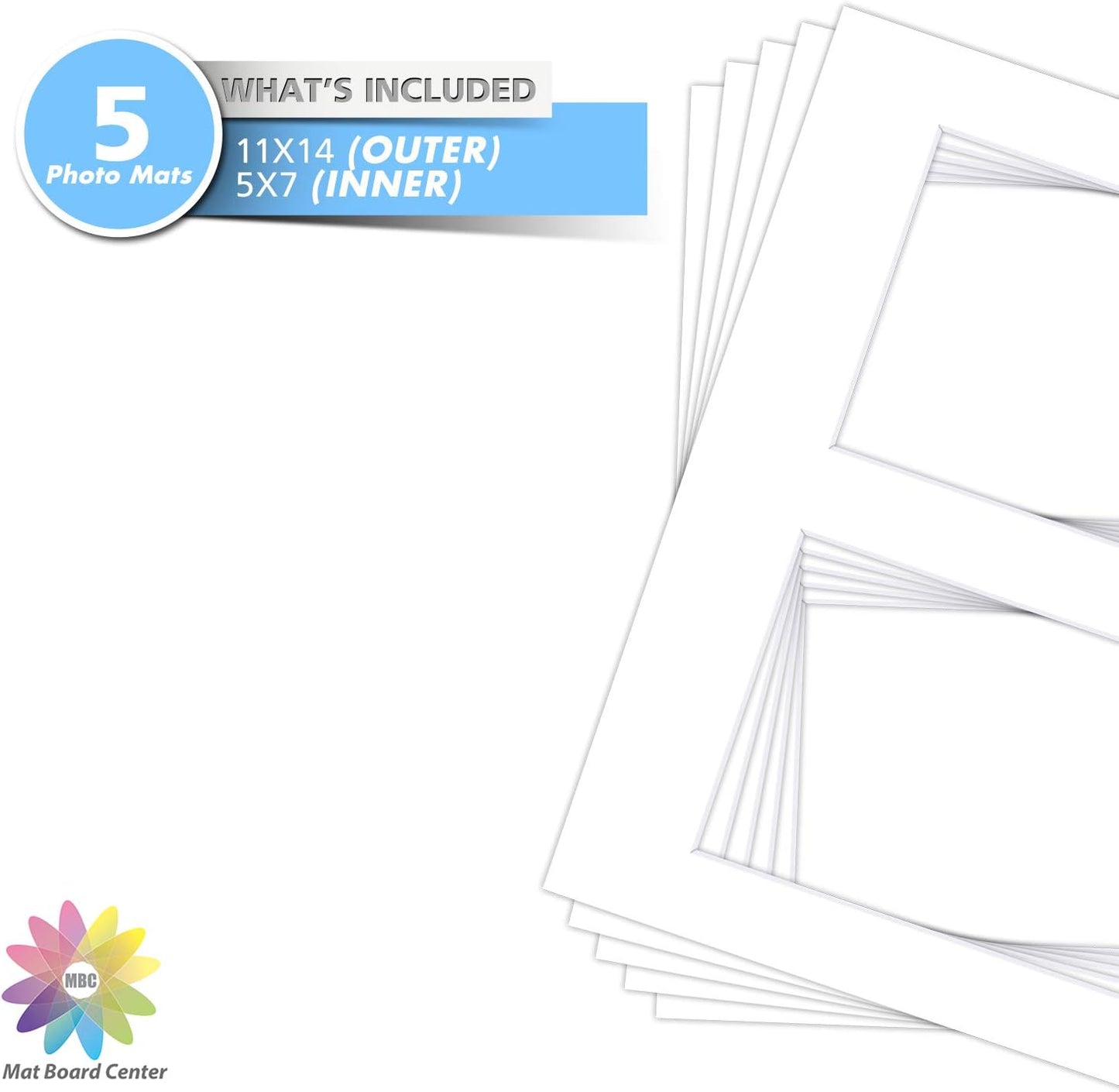 Mat Board Center, Pack of 5, Photo Picture Mats - Acid Free, 4-ply Thickness, White Core - for Pictures, Photos, Framing (11x14 for 2-5x7 White)