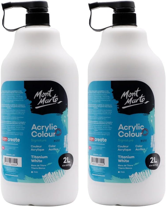 Mont Marte Discovery School Acrylic Paint, Titanium White, 1/2 Gallon (2 Liter).2 Pack Ideal for Students and Artists. Excellent Coverage and Fast Drying. Pump Lid Included.