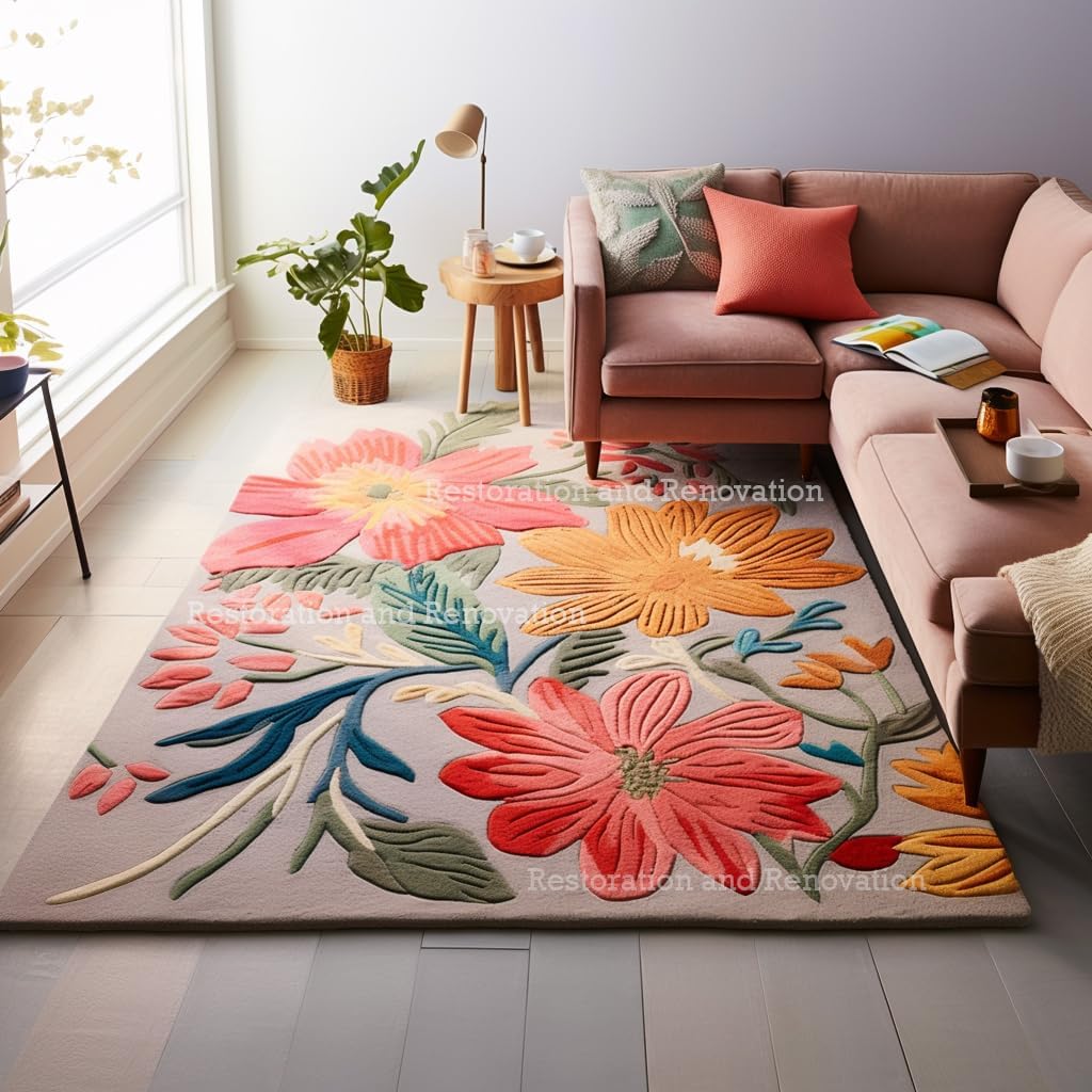 Handmade Wool Floral Area Rug for Living Room | Elegant Flower Garden Design, Soft, Thick and Durable | Bedroom, Dining Room & Home Decor Carpet (2.6' x 12', Floral A)