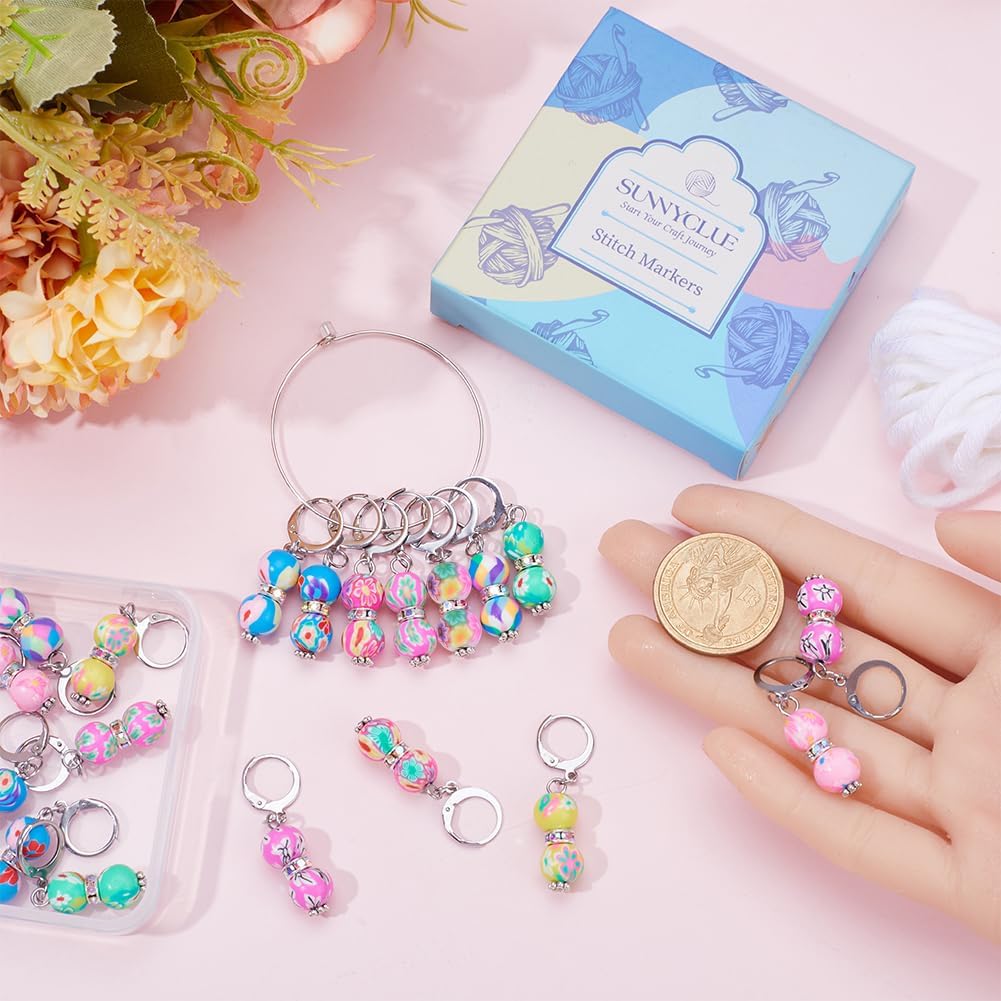 SUNNYCLUE 1 Box 20Pcs Stitch Markers Crochet Stitch Marker Cute Round Polymer Clay Beads Charms Clip On Removable Leverbacks Zipper Pull Charm Locking Knitting Markers for Yarns DIY Sewing Quilting