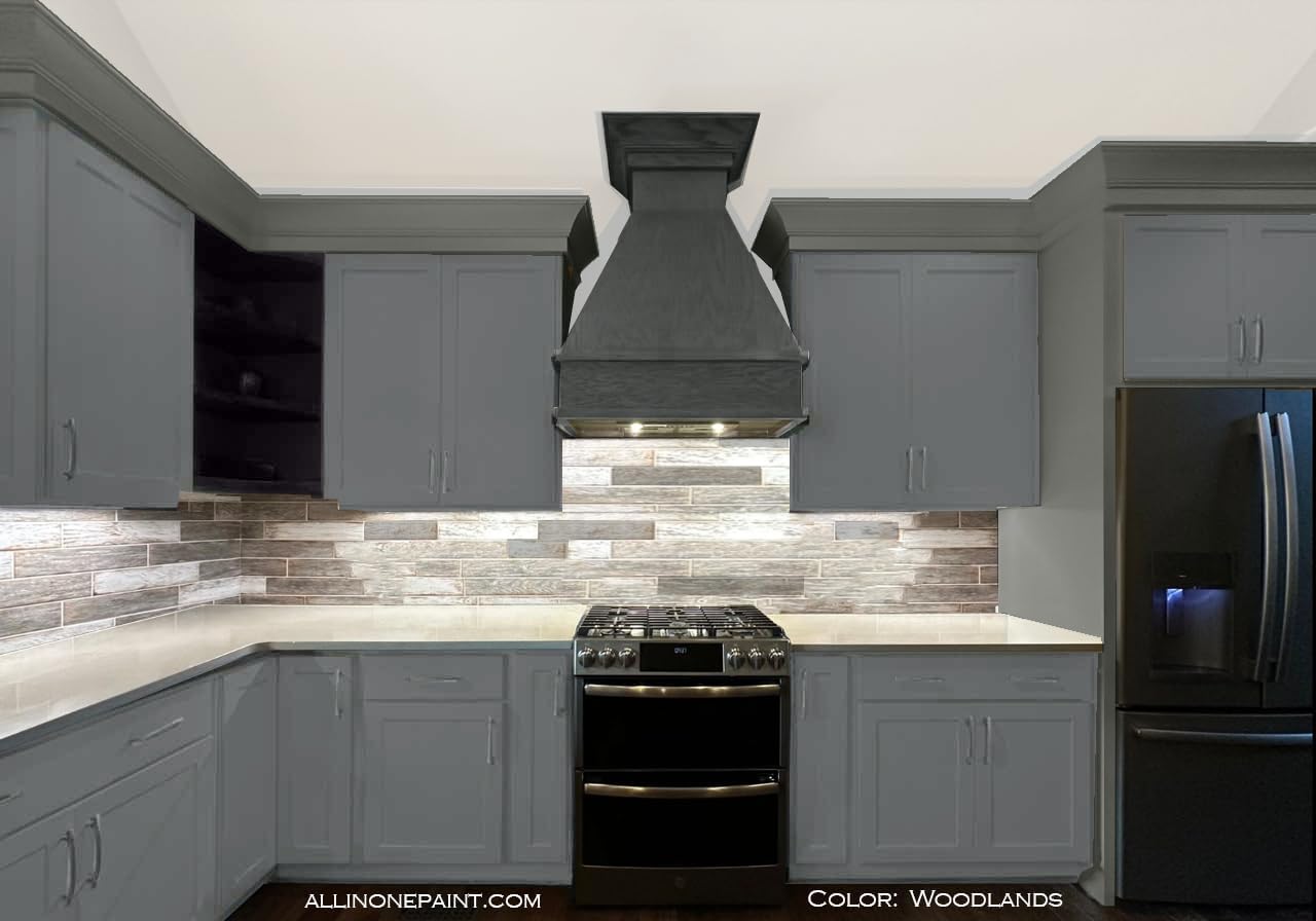 ALL-IN-ONE Paint, Durable cabinet and furniture paint. Built in primer and top coat, no sanding needed. Includes our 30 featured color card - Woodlands (muted, earthy, mossy green), Quart