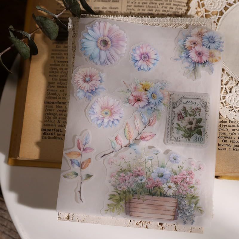 Vintage Vellum Stickers Floral Plants Elements Scrapbooking Supplies Flowers Botanic Natural Translucent Paper Self-Adhesive Junk-Journal Items (Spring Bouquet)