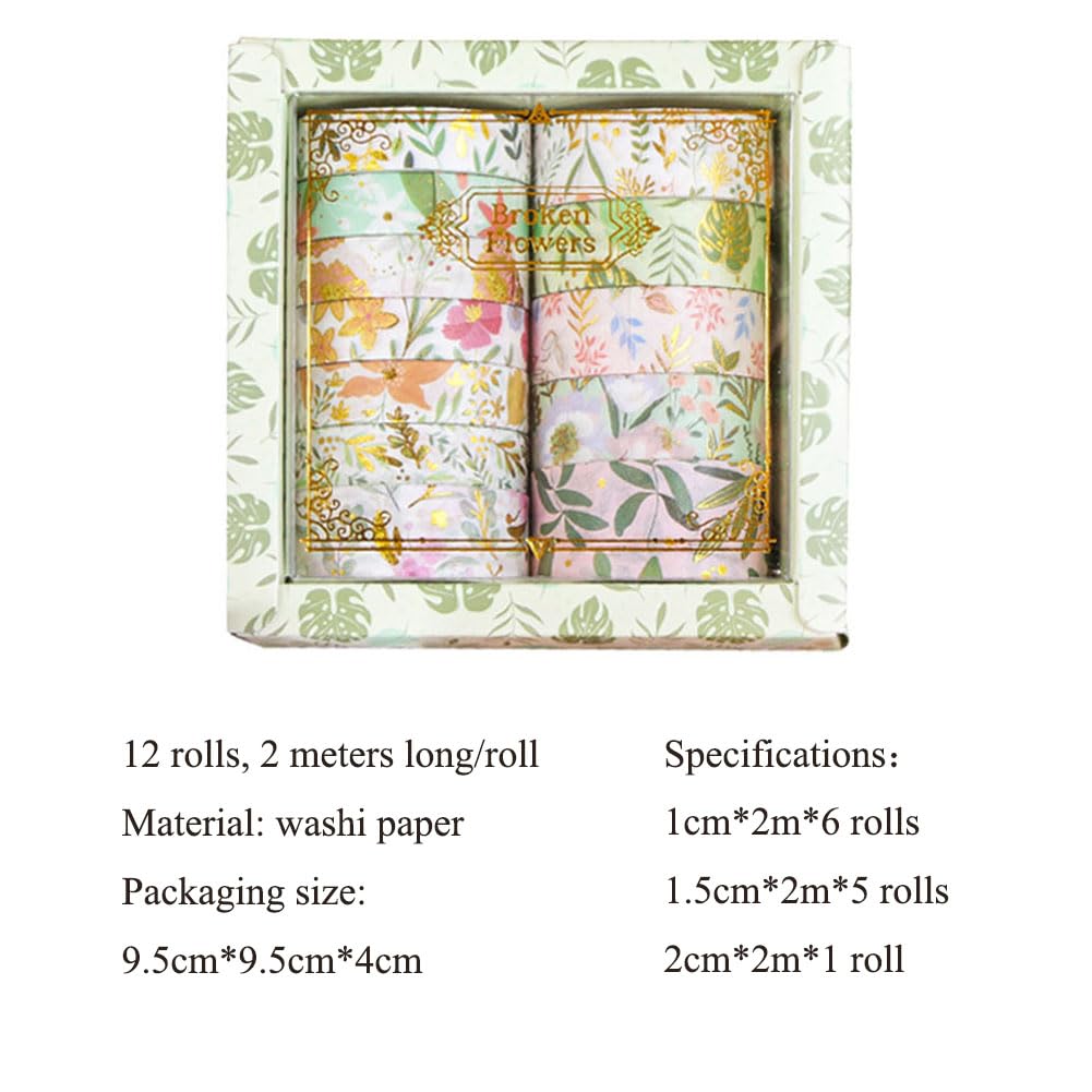 MAFELOE 2 Meters Long 12 Rolls Washi Tape Set, Decorative Adhesive Supplies for Scrapbook Journaling Junk Bullet Art Collage-Floral Print Series-Green (HZ-3Y-SHMJ-01)