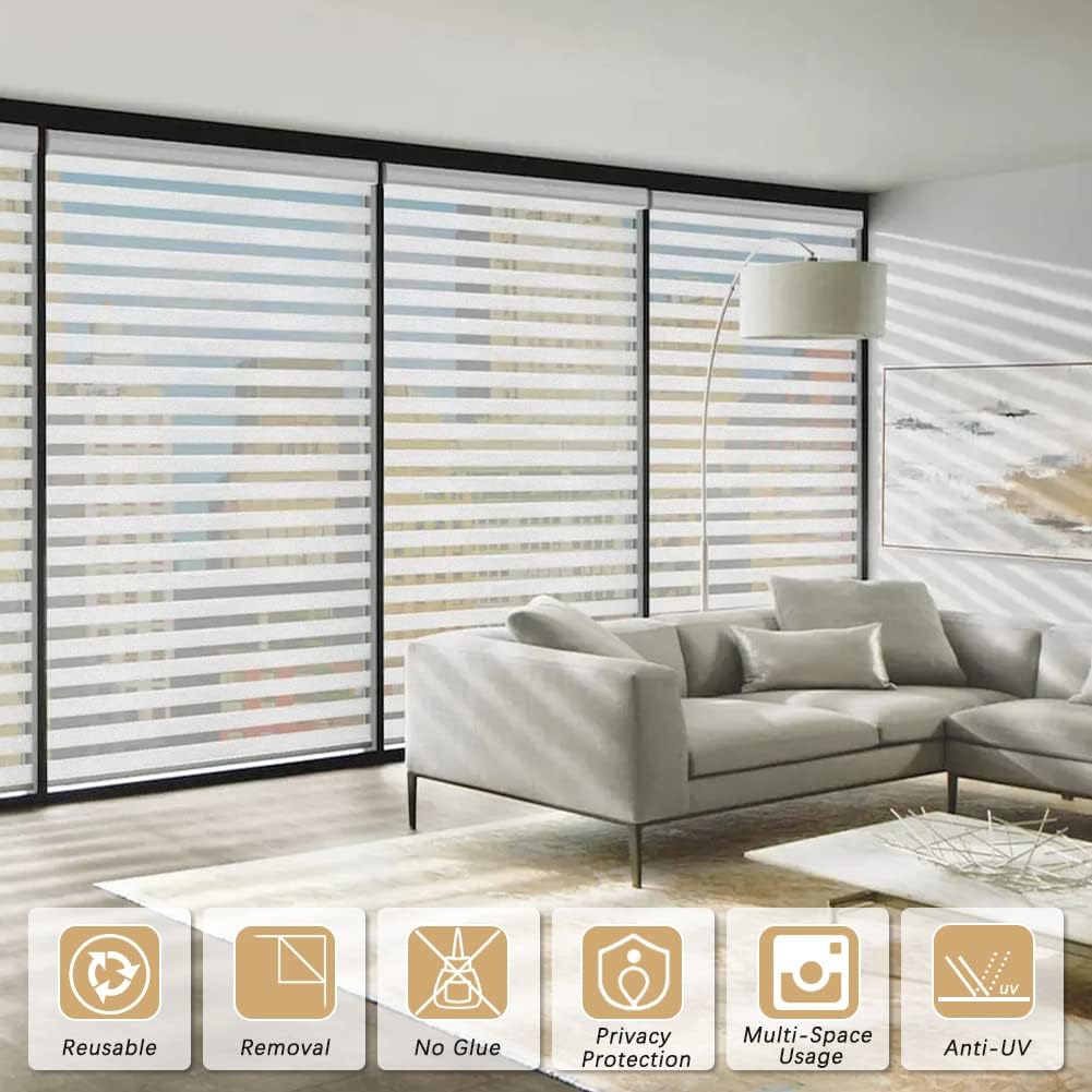 Qualsen Privacy Window Film, Frosted Windows Privacy Film, Frosting Cling for Glass, Anti-UV Reeded Blinds Sticker for Home Office Meeting Room, Stripe Patterns, 35.4x78.7inch