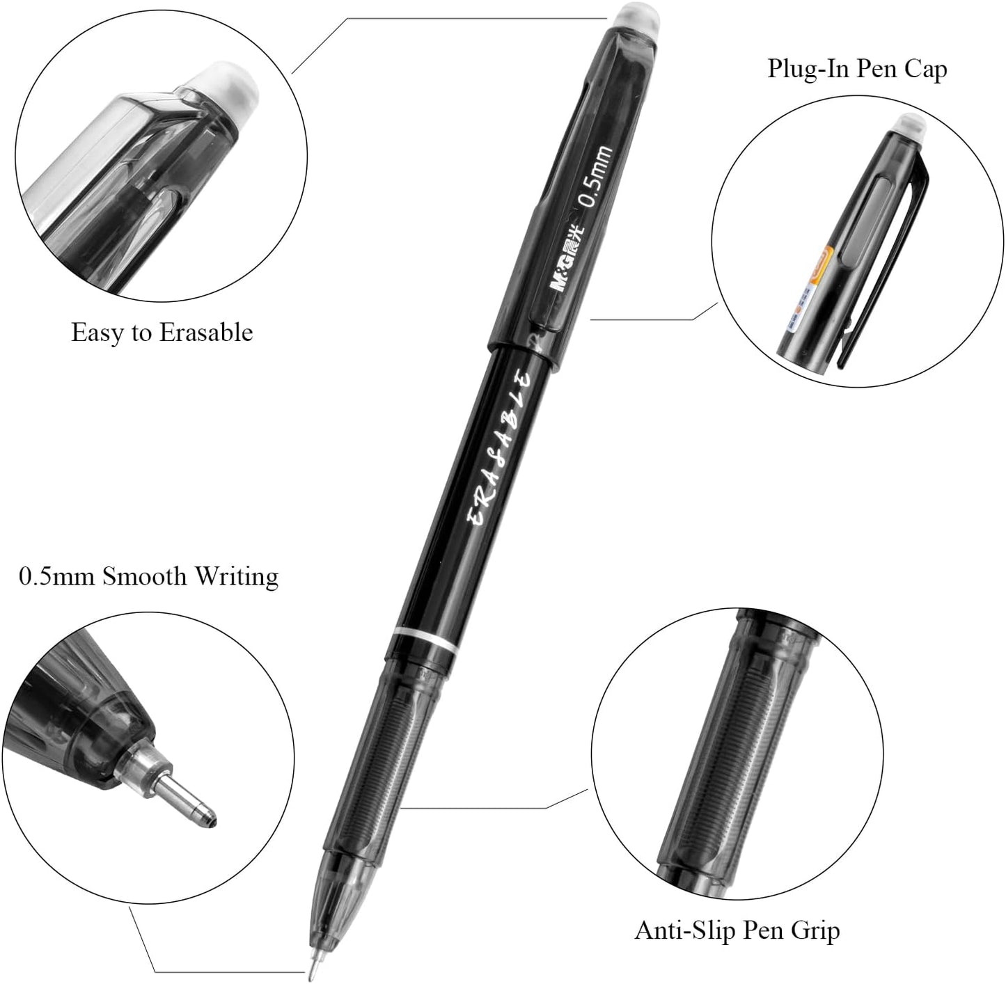 M&G Erasable Gel Pens, 12 Pcs Erasable Pen Fine Point 0.5mm, Black Erasable Gel Ink Pen with Comfort Grip and Cap, Make Mistakes Disappear for Drawing Writing Planner and Crossword Puzzles