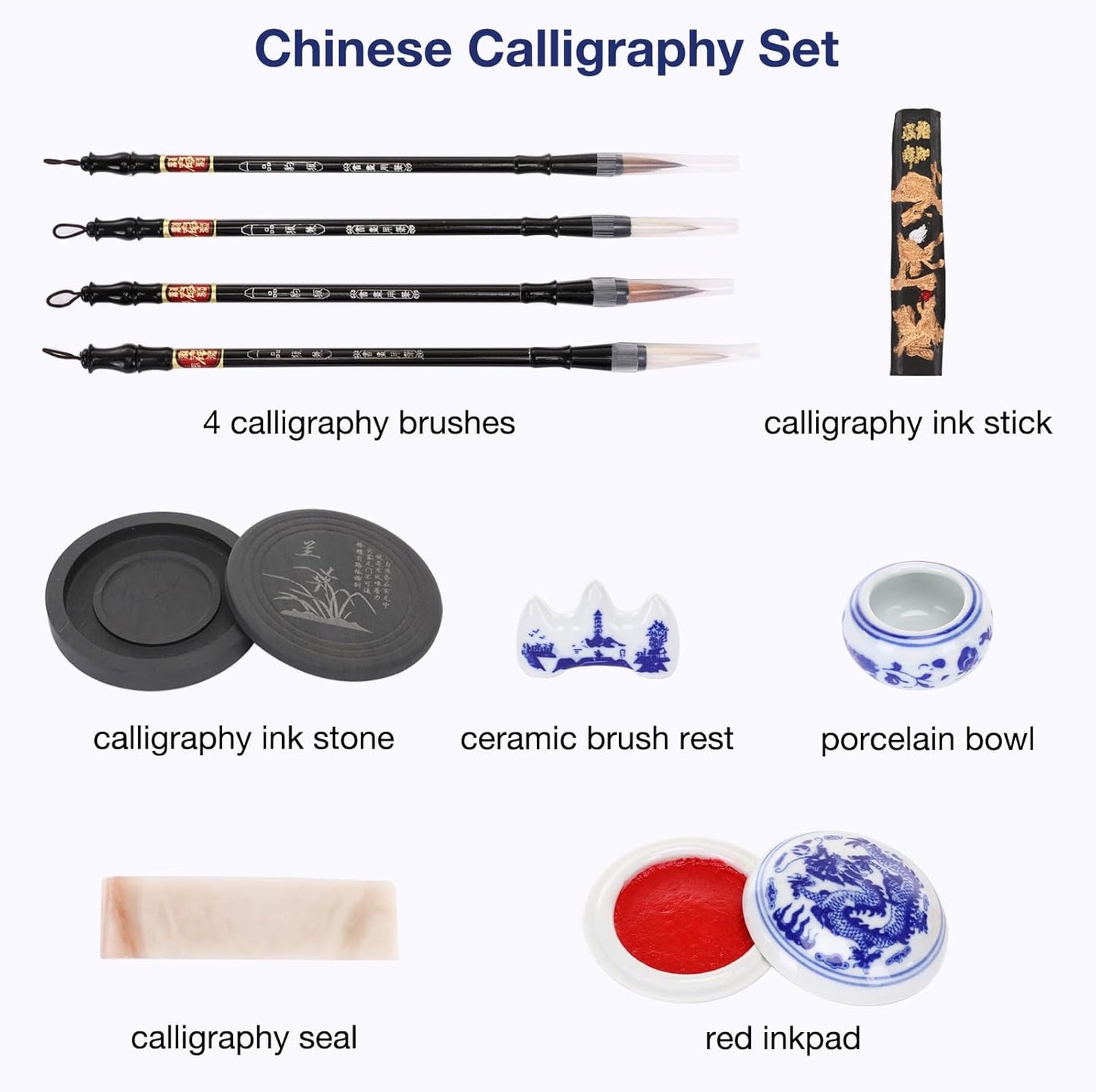 MEGREZ Chinese Calligraphy Set for Beginners, Comes with Calligraphy & Sumi Brushes,Calligraphy Ink Stick and Ink Stone for Writing and Drawing, Blue Gift Box(10 Items)
