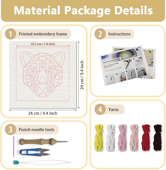 Doodlream Pink Leopard DIY Punch Needle Embroidery Kit for Adult Beginner, 9.4" Pink Leopard Punch Stitching Craft Set for Starter with Frame, Fabric Pattern, Threader, Yarn, Pinch Needle