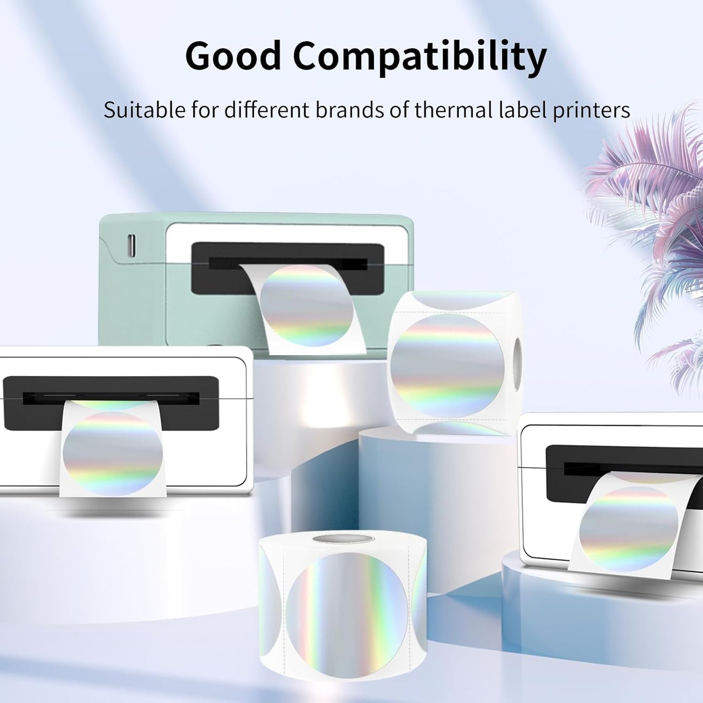 3" Holographic Direct Thermal Label Stickers, Round Printable Rainbow Glitter Thermal Printer Sticker Labels for Gift Wrapping, Self-Adhesive DIY Custom Logo Design- Holographic Silver