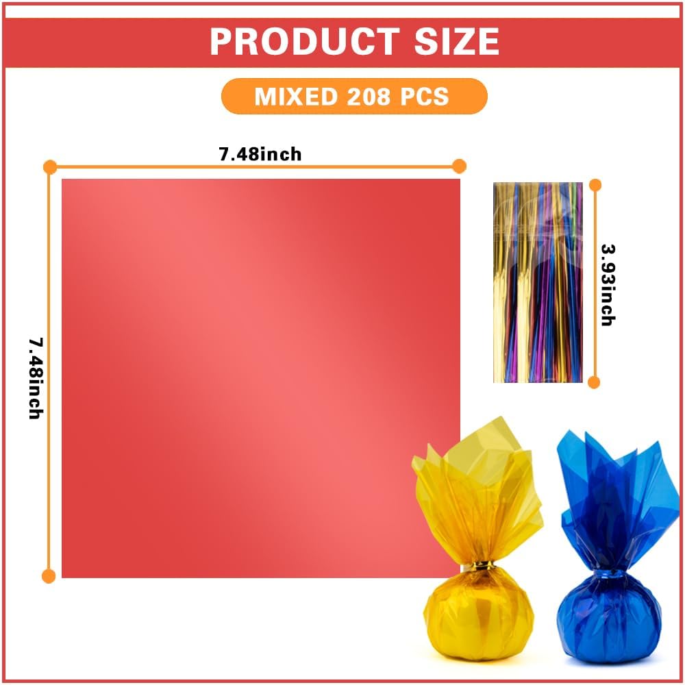 208 PCS Colored Cellophane Wrap Paper(7.48x7.48 Inch) Treat Candy Small Gifts Wrapping Baskets Colorful Plastic Sheets for Crafts Transparent Clear Clings Birthday Baby Shower Holiday Party Decor