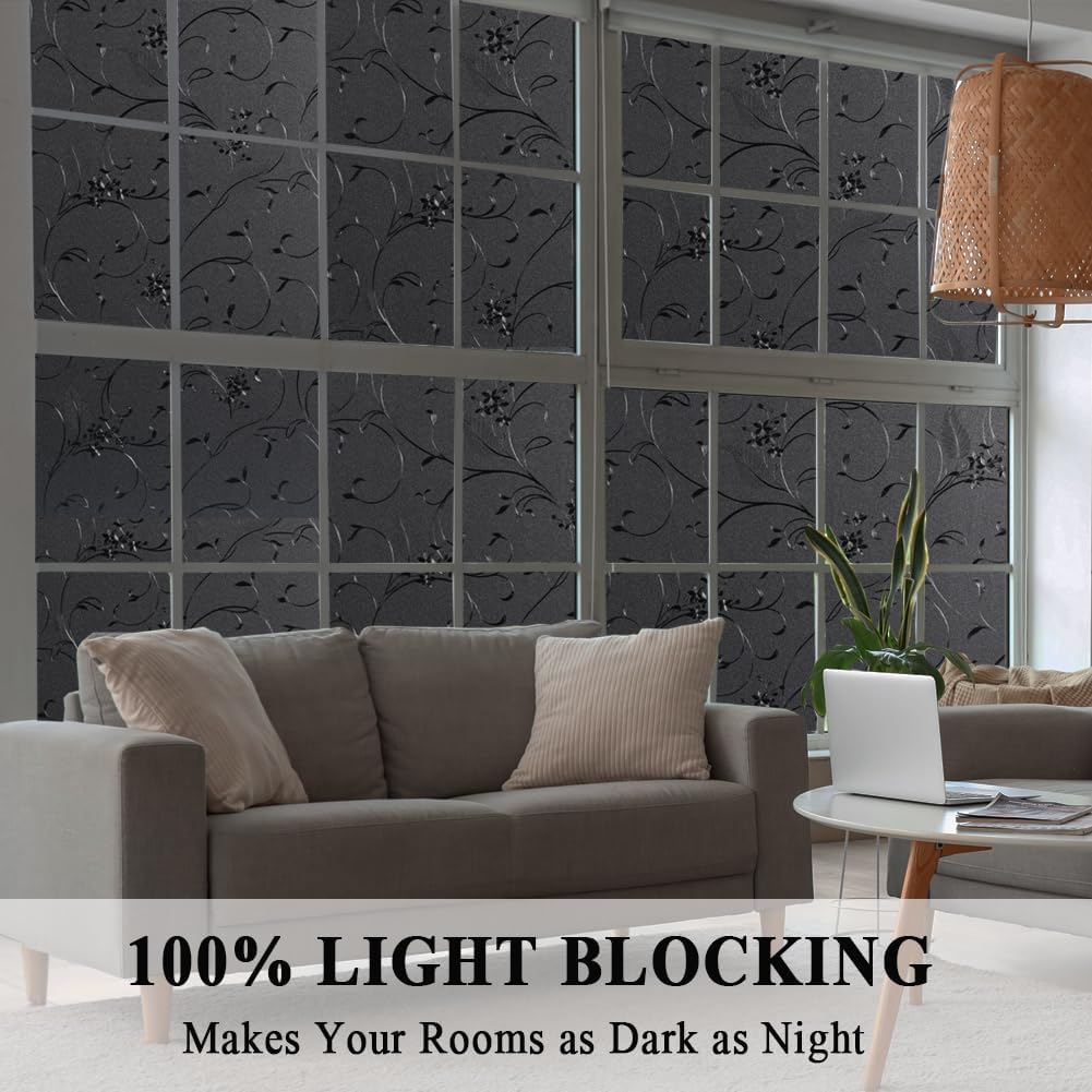 Mikomer Total Blackout Window Film,100% Light Blocking Privacy Glass Door Film Etched Flowers,Room Darkening Window Cling,No Glue/Heat Control/Anti UV for Day Sleep & High Privacy,23.6In. by 78.7In.