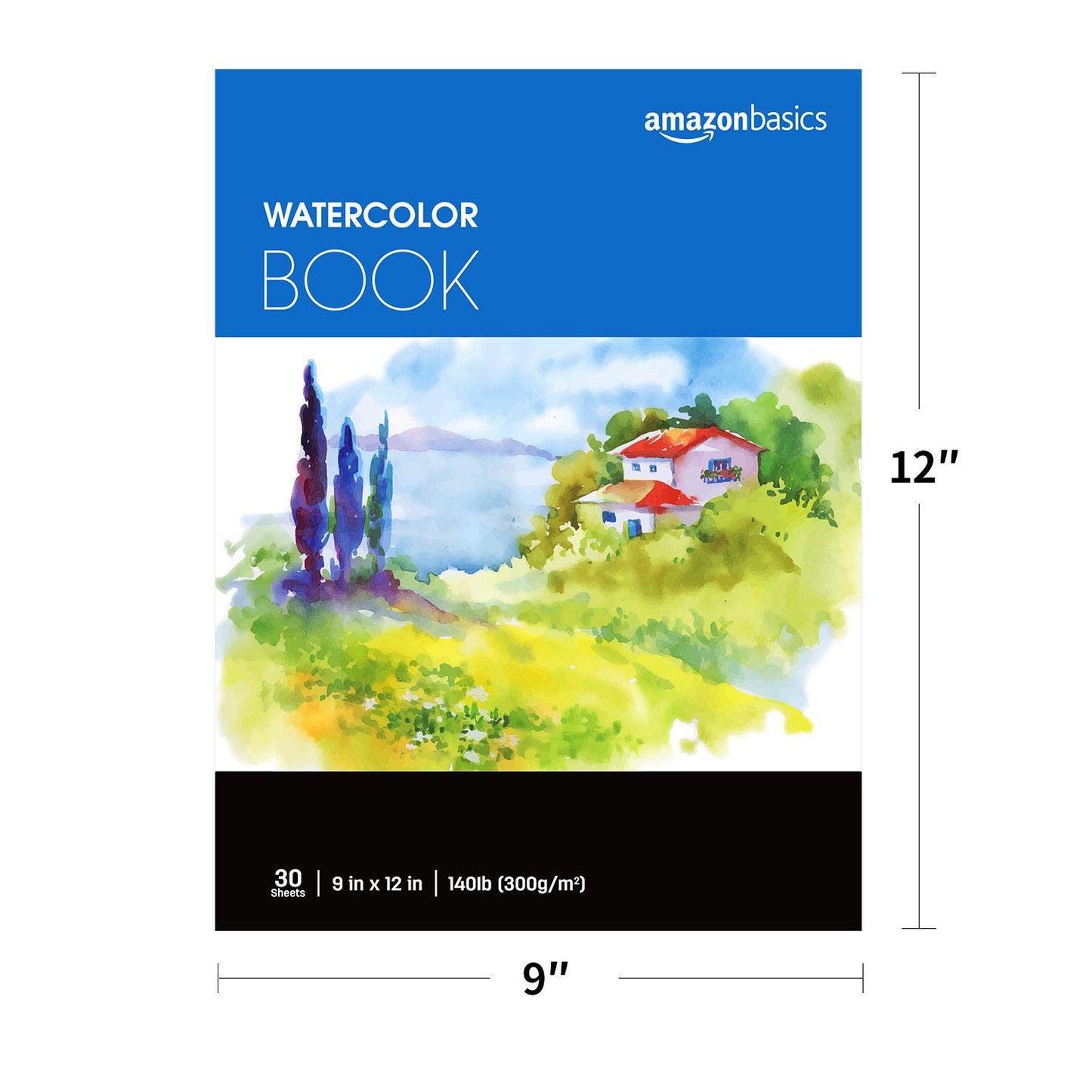 Amazon Basics Watercolor Pad, 9"x12", 140 lb / 300 gsm, 30 Sheets, White