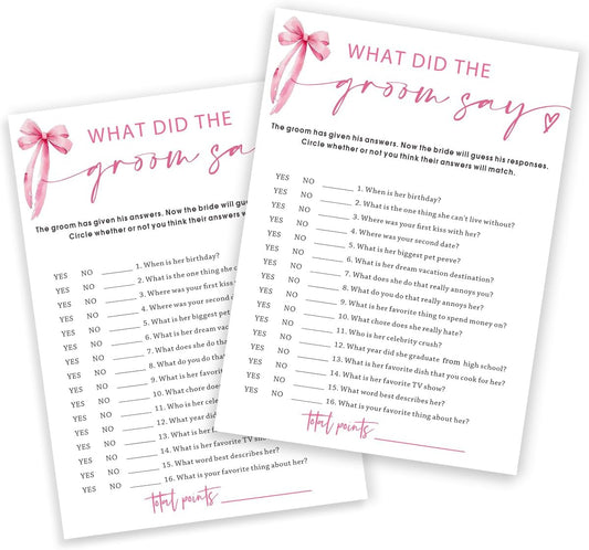Wedding Shower Games Cards, What Did The Groom Say, Bridal Shower Games 25 Guests, Engagement Party Wedding Games for Guests, Pink Ribbon Bow Wedding Party Supplies - E12