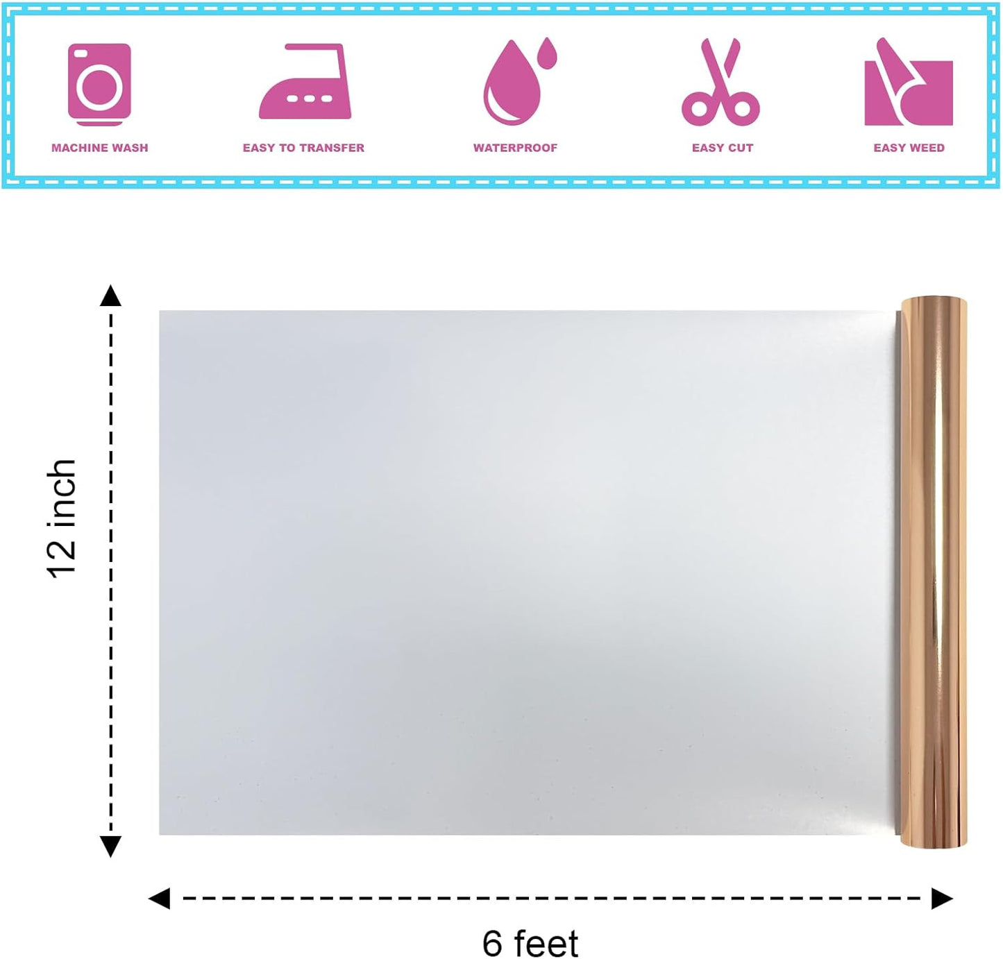 Heat Transfer Vinyl Metallic Rose Gold Foil 12"*6Ft Bundle Chrome HTV Pack in Vibrant Colors for Stunning T-Shirt Designs! Perfect for DIY Heat Transfer Vinyl (Rose Gold, 12Inch*6Ft)
