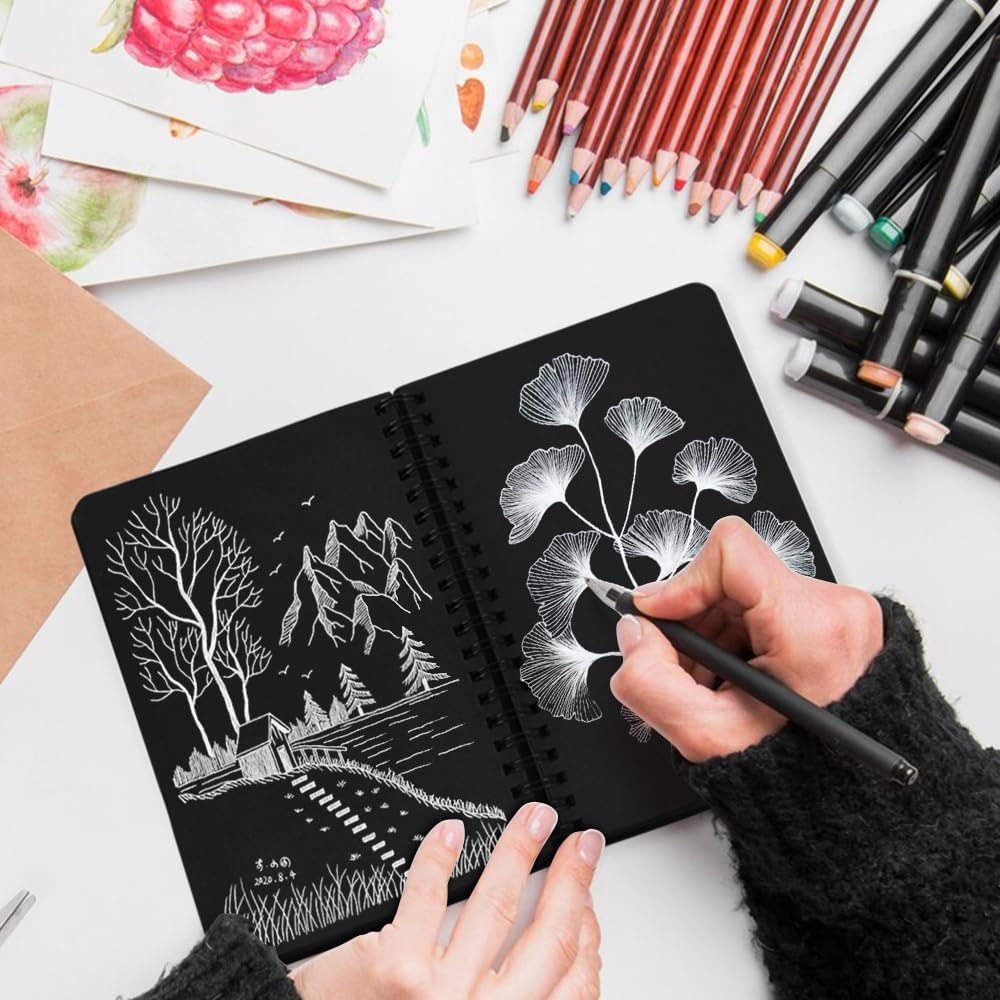 5x7in Black Paper Mixed Media Sketchbook, 110gsm Spiral Bound Art Journal Sketchbook, 70Sheets Acid-Free Travel Pocket Sketch Pad for Drawing, Illustration, Ideal for Most Dry Media