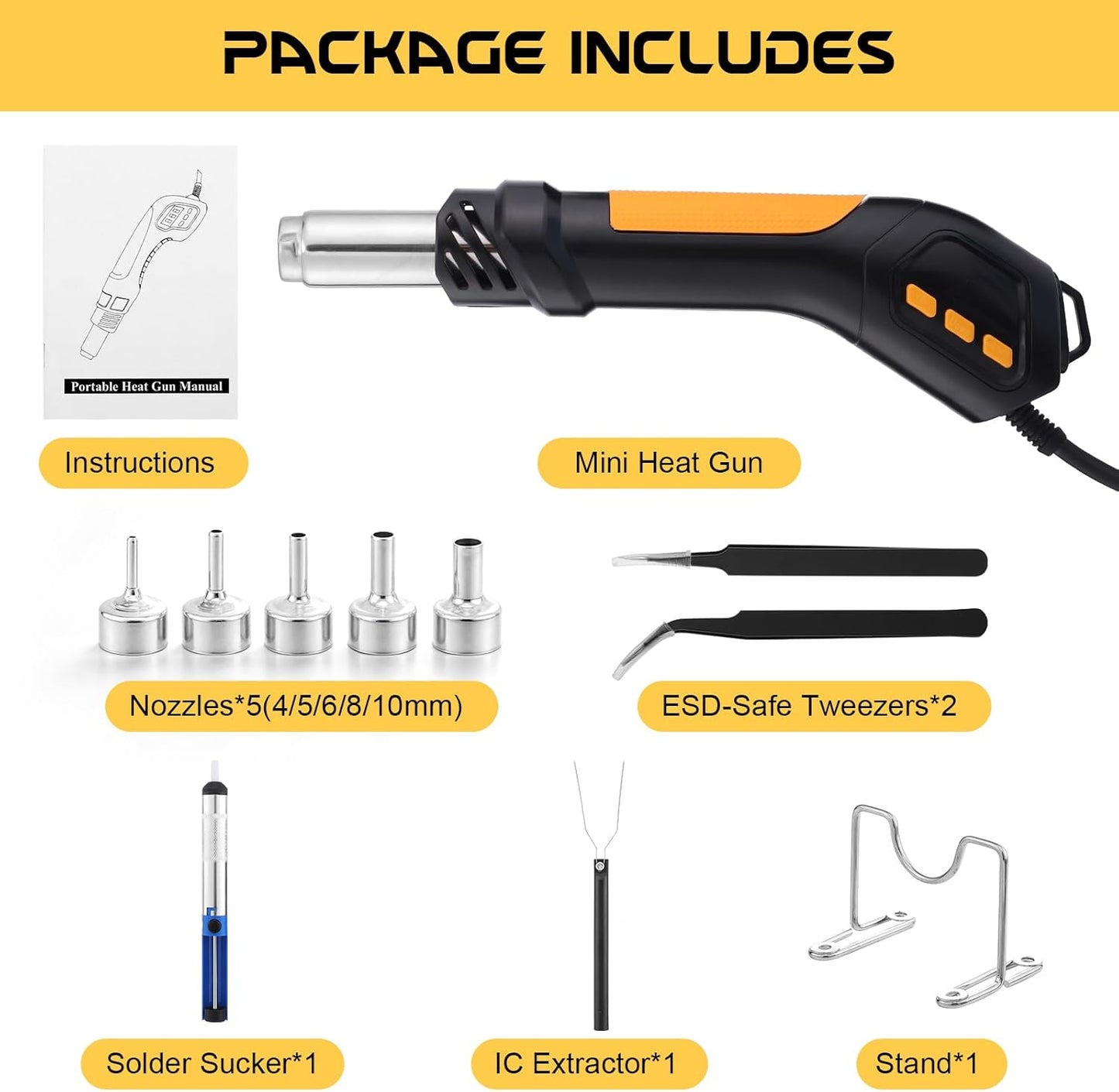 Heat Gun, 700W 212°F~932℉(100°C~500°C) Mini Soldering Heat Gun Hot Air Rework Station with LED Digital Display & 5Pcs Nozzles & 5Pcs Accessories for Crafting Shrink Tubing Electronics DIY(5FT)