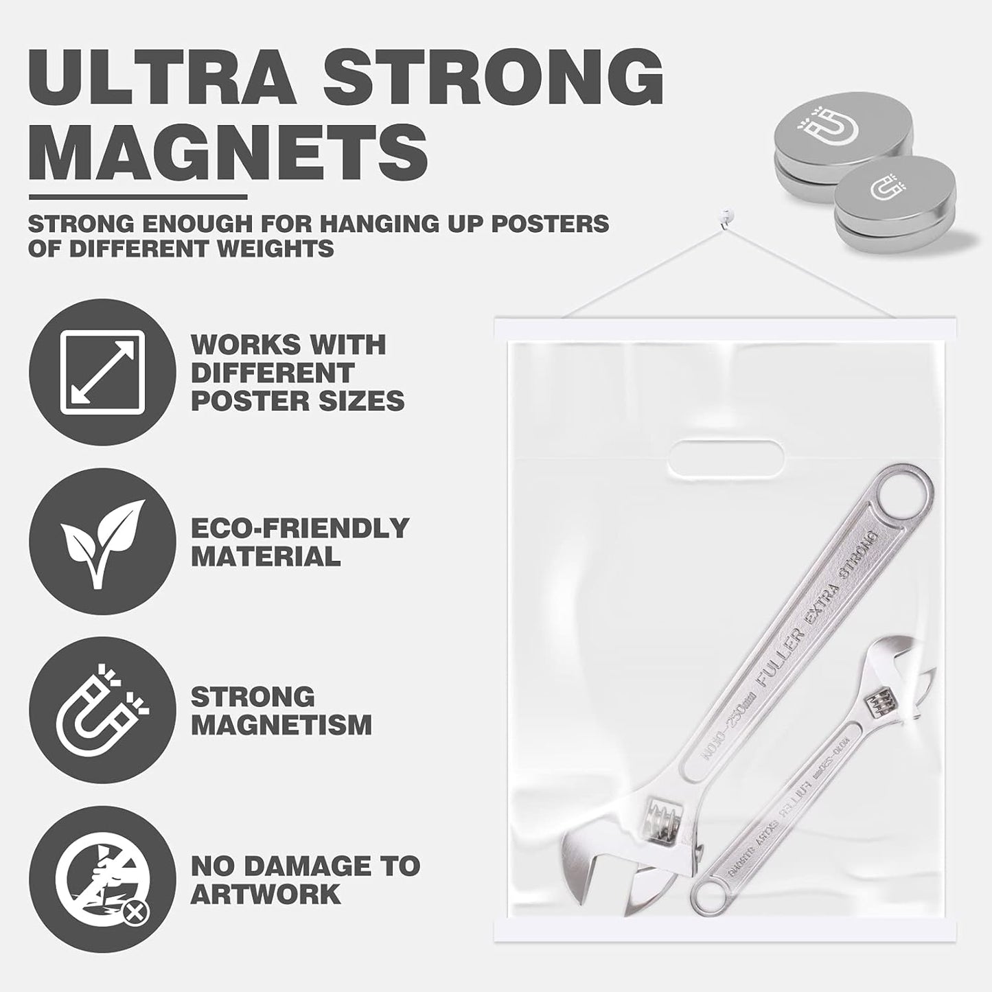 Ywlake Magnetic Poster Hanger, 23x34 23x33 23x35 Poster Frame Wood Wooden Magnet Print Posters Dowel Scroll Hanger Hangers Hanging Kit for Walls Map Canvas Artwork (White, 23")