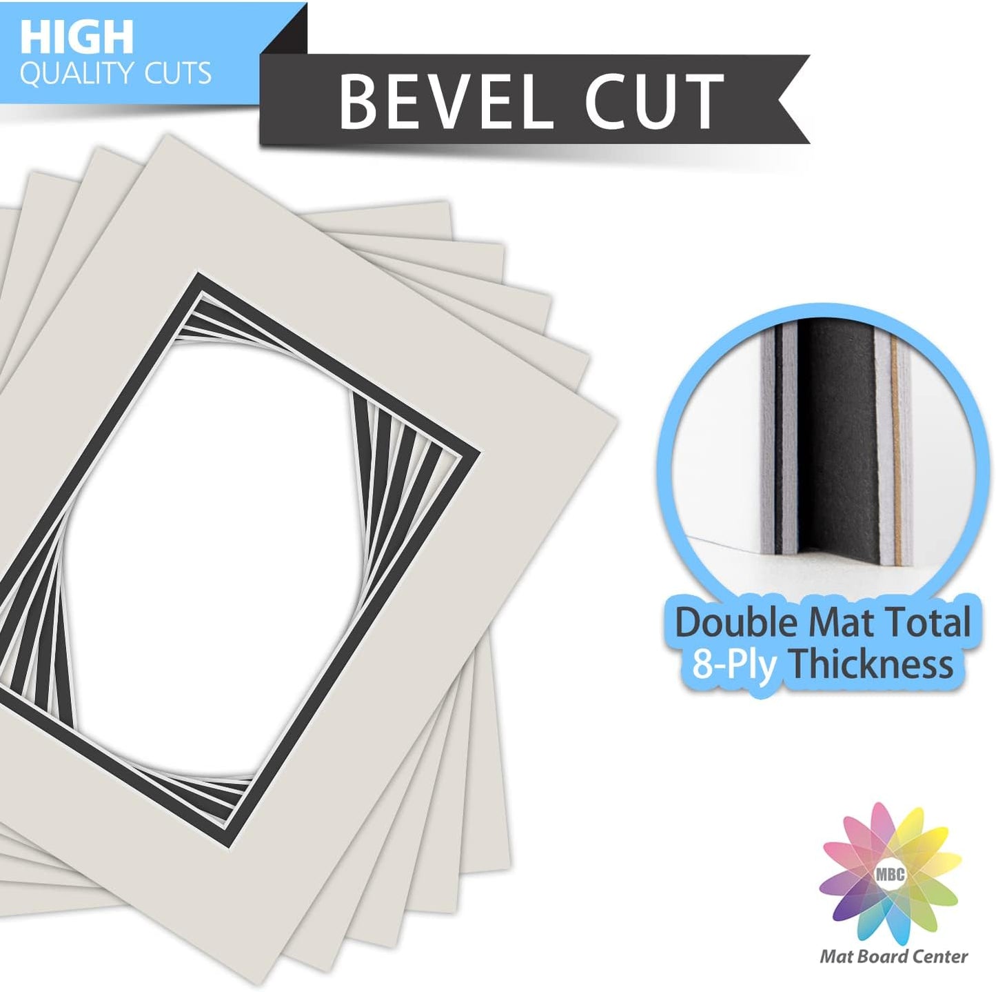 Mat Board Center, Double Mat - Acid Free, 8-ply Thickness, White Core - for Pictures, Photos, Framing (Gray Over Black, 8x10 for 5x7, Pack of 5)