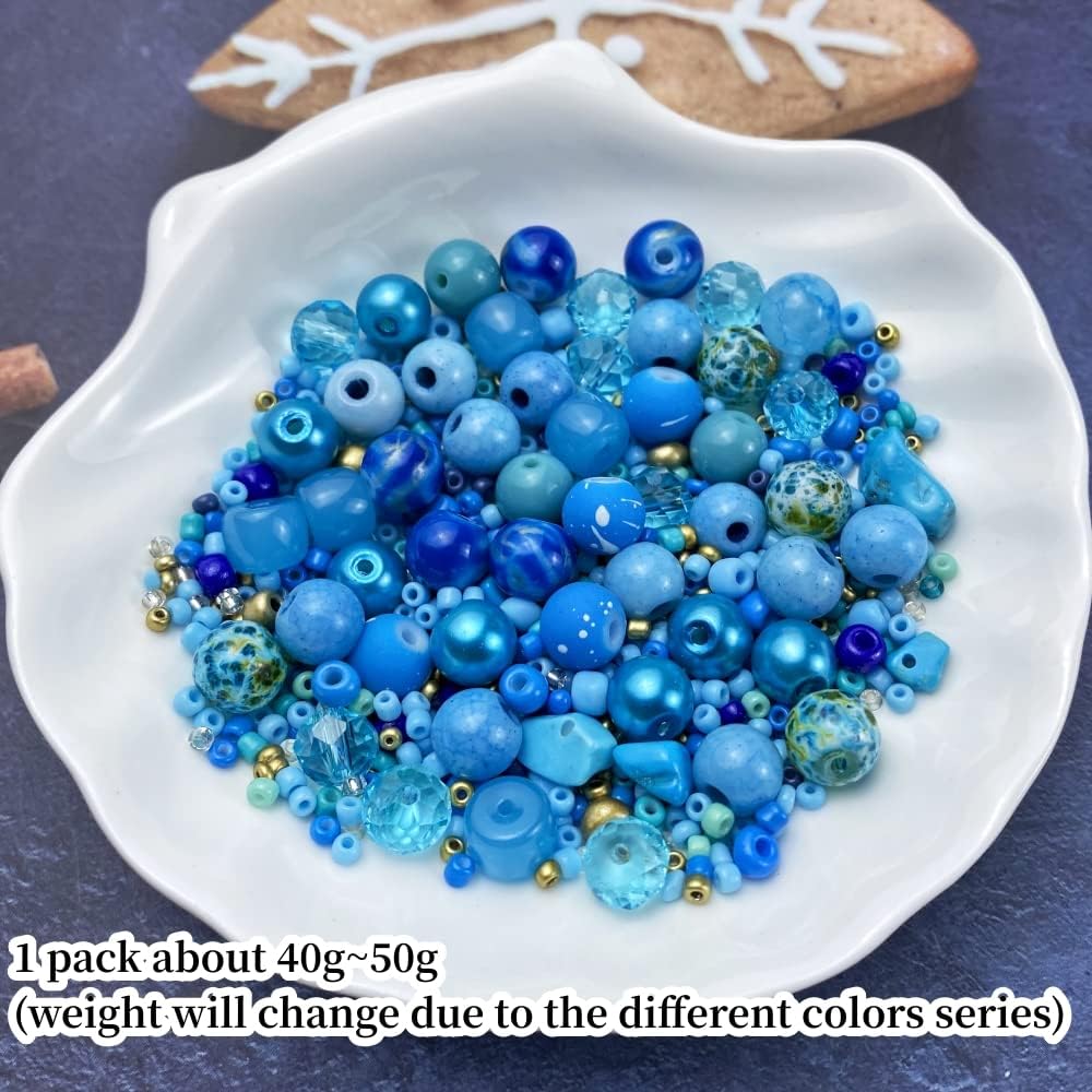Assorted Glass Resin Beads Multi Size Colors Smooth Cracked Gravel Millet Spacer Beads for Bracelets Necklace Earring DIY Jewelry Making Craft(Lake Blue Series)