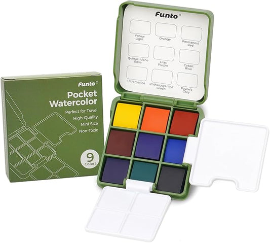 Funto Mini Watercolor Travel Set, Travel Kit with 2 Foldable Palettes, 9 Colors, Mini Color Paint Set for Creative Artists