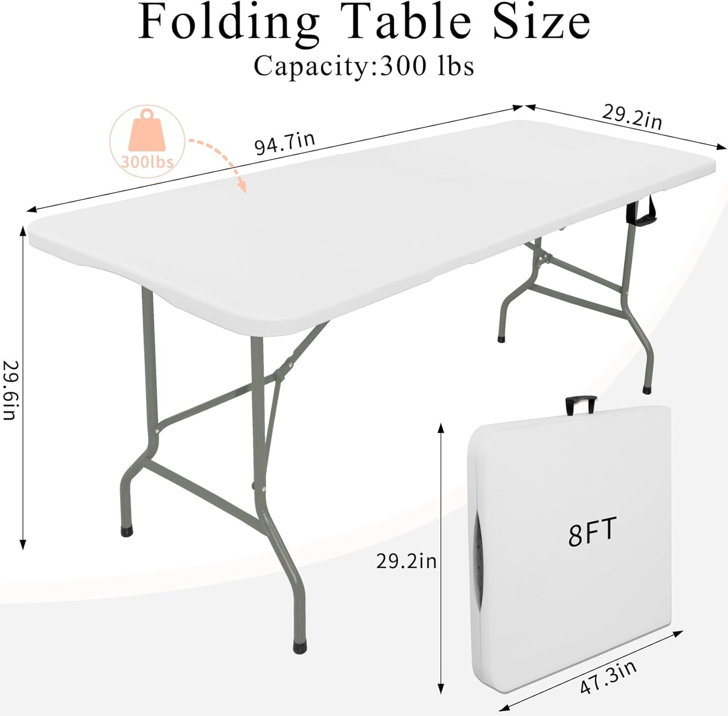 Folding Tables with Carrying Handle Heavy Duty Rectangular Portable Plastic Camping Table Steel Legs for Party, Dining, Wedding, Events, Picnic Indoor, Outdoor (8FT, White)