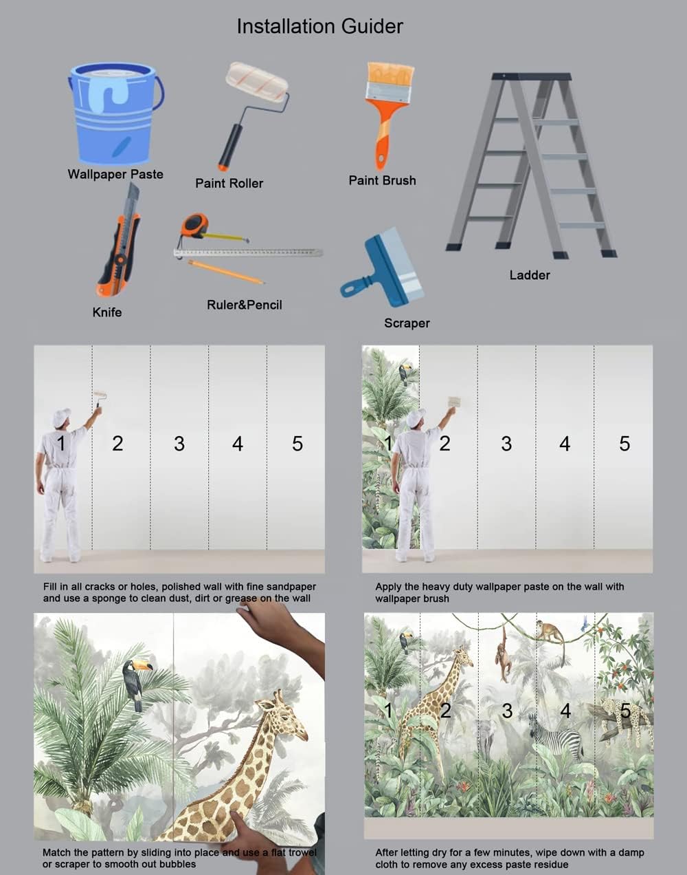 Kids Wallpaper Tropical Leves and Safari Animals Wall Mural for Wall Bedroom Living Room TV Background Sofa Wall（Not Peel and Stick）