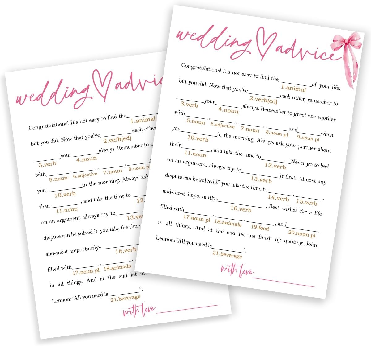 Wedding Shower Games Cards, Wedding Advice Word Game, Bridal Shower Games 25 Guests, Engagement Party Wedding Games for Guests, Pink Ribbon Bow Wedding Party Supplies - E06