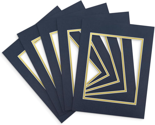 Golden State Art, 11x14 Double Mats for 8x10 - for Photos, Pictures, Frames - Acid-Free, 5 Pack, Dignity Blue Over Old Gold