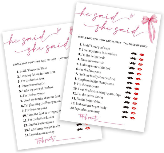 Wedding Shower Games Cards, Guest Who Said It, He Said She Said Game Cards, Bridal Shower Games 25 Guests, Engagement Party Wedding Games for Guests, Pink Ribbon Bow Wedding Party Supplies - E07