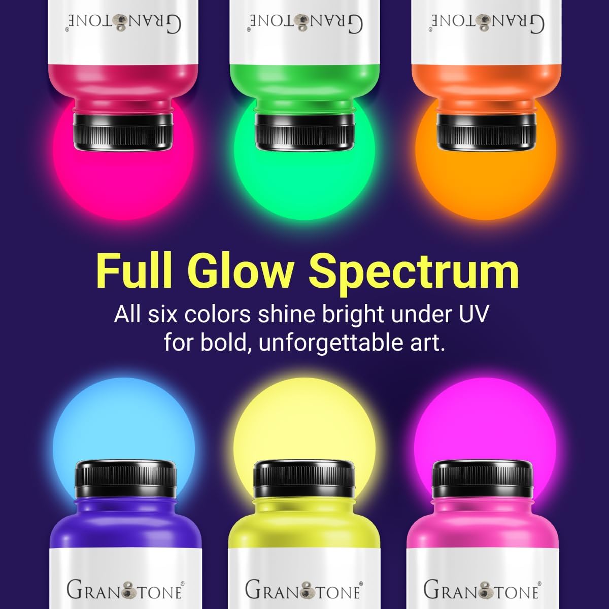 GRANOTONE Neon Fluorescent Acrylic Paint Set - 6 Colors, 8 oz Each | Glows in Black Light | Non-Toxic & Vibrant Paint | Ideal for Art, Crafts, Kids, & Hobbyists | Made in India