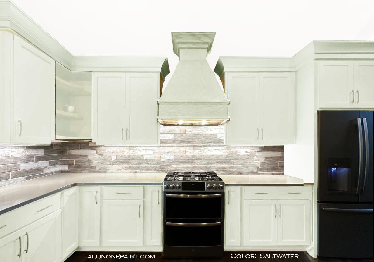 ALL-IN-ONE Paint, Durable cabinet and furniture paint. Built in primer and top coat, no sanding needed. Includes our 30 featured color card - Saltwater (pale green), 8oz Sample