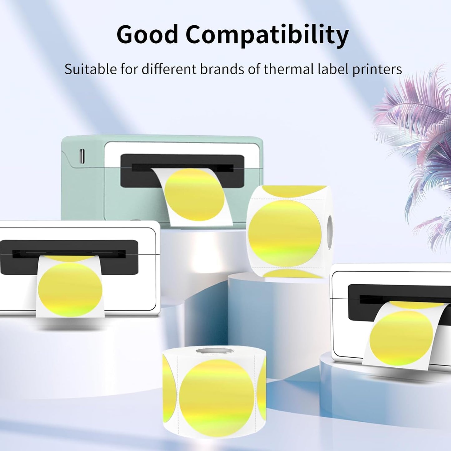 3" Holographic Direct Thermal Label Stickers, Round Printable Rainbow Glitter Thermal Printer Sticker Labels for Gift Wrapping, Self-Adhesive DIY Custom Logo Design- Holographic Yellow