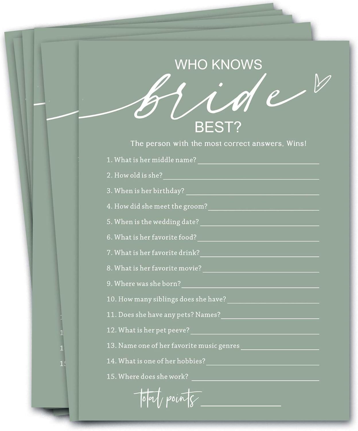 Bridal Shower Games Cards, 25 Guests, Modern, Green, Educational, Adult, Manual, English, 5 x 7 inches