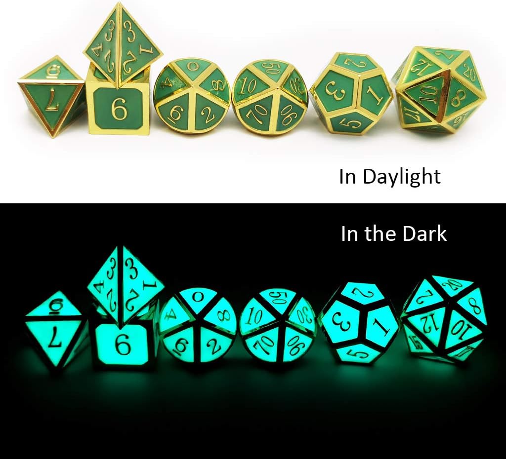 Haxtec Glow in The Dark Glowing Blue Metal Dice Set D&D W/Dragon Dice Bag 7PCS DND Dice Set Compatible with Dungeons and Dragons RPG Games-Gold Glowing Blue-V2