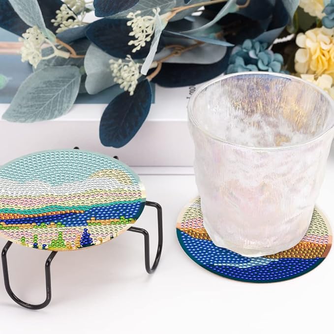 8 Pcs Diamond Art Coasters Kits for Adults with Holder Cork Pads, DIY ﻿Abstract Landscape Diamond Art Dots Painting Coasters Kits for Adults Beginners, Ideal Gift