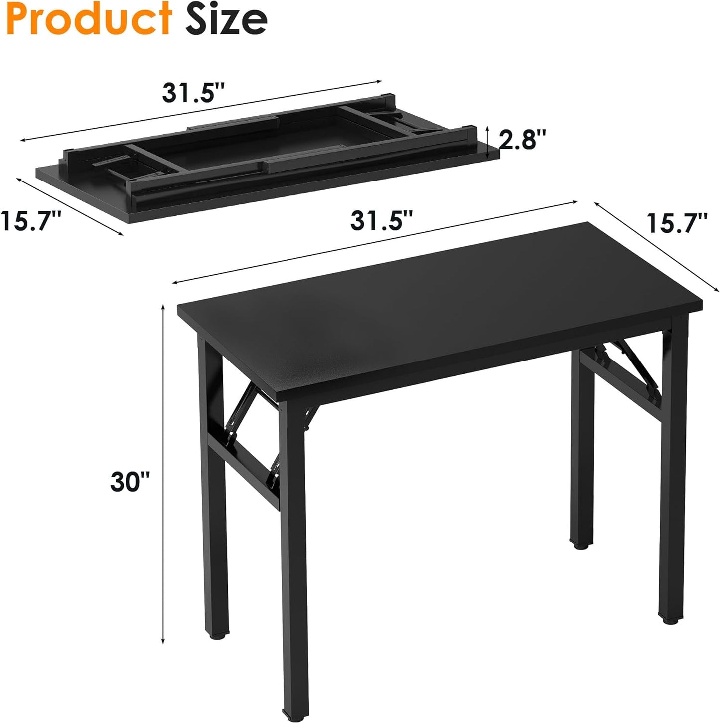 Need 31.5 Inch Folding Computer Desk for Small Spaces, Black Study Foldable Writing Table for Home Office, Bedroom, Dorm Room & Student, No Assembly