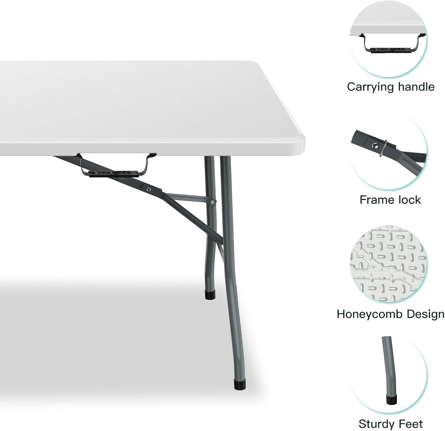 6ft Folding Table, Foldable HDPE Dining Table for Picnic, Camping, Party, Display with Carrying Handle - White