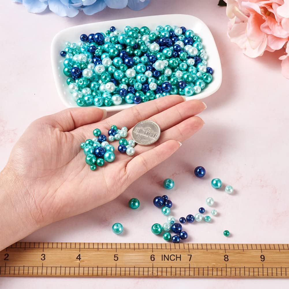 1840Pcs 4/6/8mm Glass Pearl Beads Pearlized Beads Multi Colors Round Spacer Beads for DIY Craft Jewelry Making Hole: 1mm, Mixed Blue