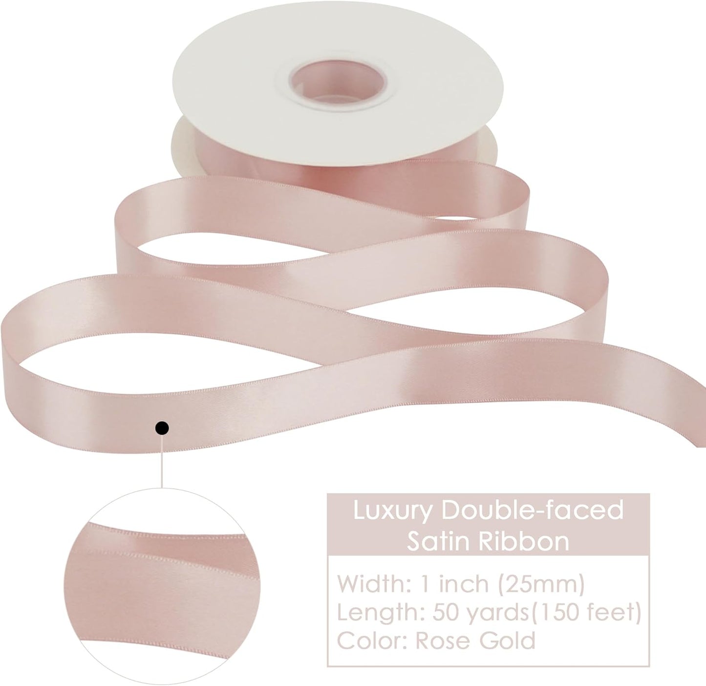 HUIHUANG Rose Gold Satin Ribbon 1 inch x 50 Yards Double-Faced Polyester Ribbon for Gift Wrapping, Wedding Invitations, Hair, Bows Making, Floral Arrangement,Holiday Decor