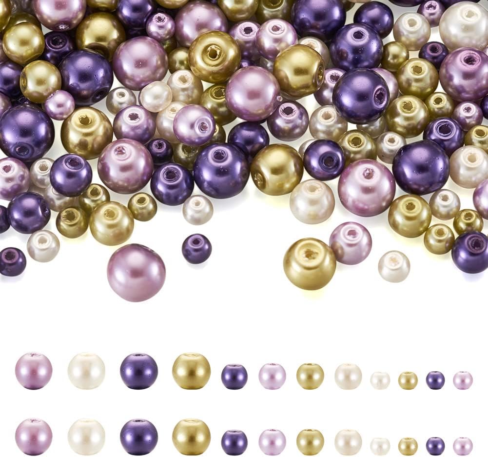About 1840Pcs 4/6/8mm Glass Pearl Beads Pearlized Beads Multi Colors Round Spacer Beads for DIY Craft Jewelry Making Hole: 1mm, Mixed Purple&Light Yellow
