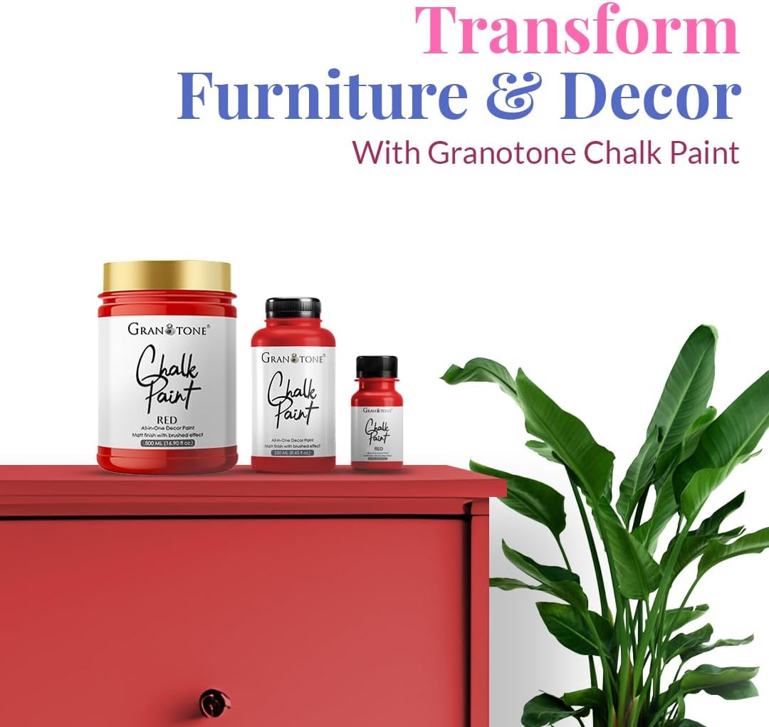 GRANOTONE Chalk Paint for Furniture, Matt-Finish Water-Based Acrylic Paint for Wood, Walls, Metal, Glass, Paper, Fabric Canvas, Maximum Coverage Chalk Paint for Kids & Adults, 500 Ml (RED)