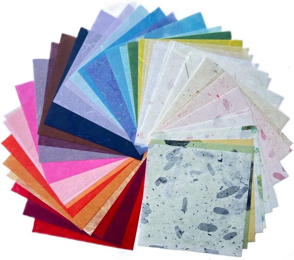 4" x 4" 50 Designs 50 Sheets Natural Fiber Tamarind Leaves,Banana Bark Mulberry Paper Sheets Art Tissue Washi Paper Design Craft Art Origami Suppliers Card Making (Mixed Colors,Tamarind Leaves etc.)