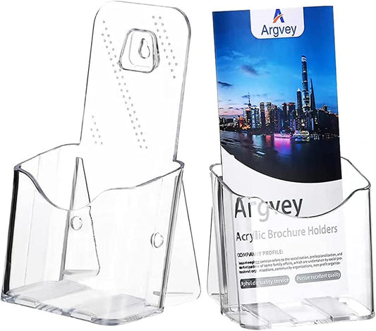 Acrylic Brochure Holder 4x9 Inch, Clear Pamphlet Holder Display Stand for Trifold 4 Inch Flyers, Booklets, Table Signs, Plastic Rack Card Holder for Office, Home, Store, 2 Pack