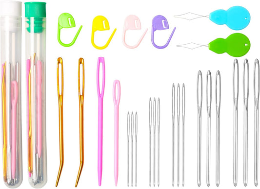 Hekisn 45Pcs Large Eye Blunt Yarn Needles kit, Assorted Sizes Bent Tapestry Darning Needle, Sewing Needles with Needle Threaders & Stitch Markers for Knitting Crochet (Green&White)