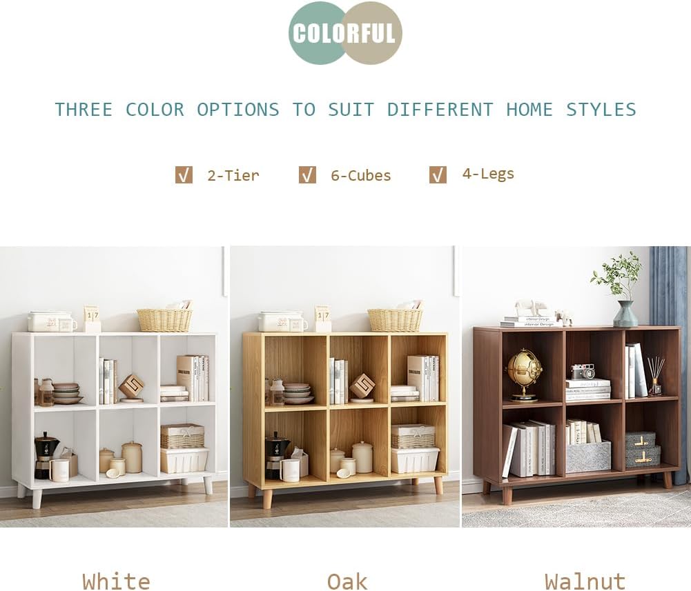 IOTXY Open Cube Low Bookcase - 2-Tier Freestanding Storage Display Cabinet Organizer with Legs for Home Office, 6-Cubes Open Shelf Short Bookshelf, White