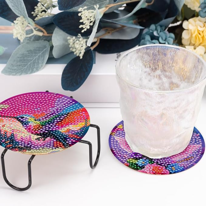 8 Pcs DIY Hummingbird Flowers Coasters with Holder - Diamond Art Painting Kits for Adults & Kids - Gift