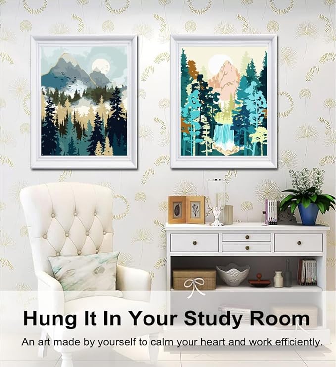 BAISITE Paint by Numbers Kit for Adults Beginners,12" Wx16 L 2 Pack Canvas for Painting Kits for Adults in Colorful Box-Sunrise Mountains Waterful 7172