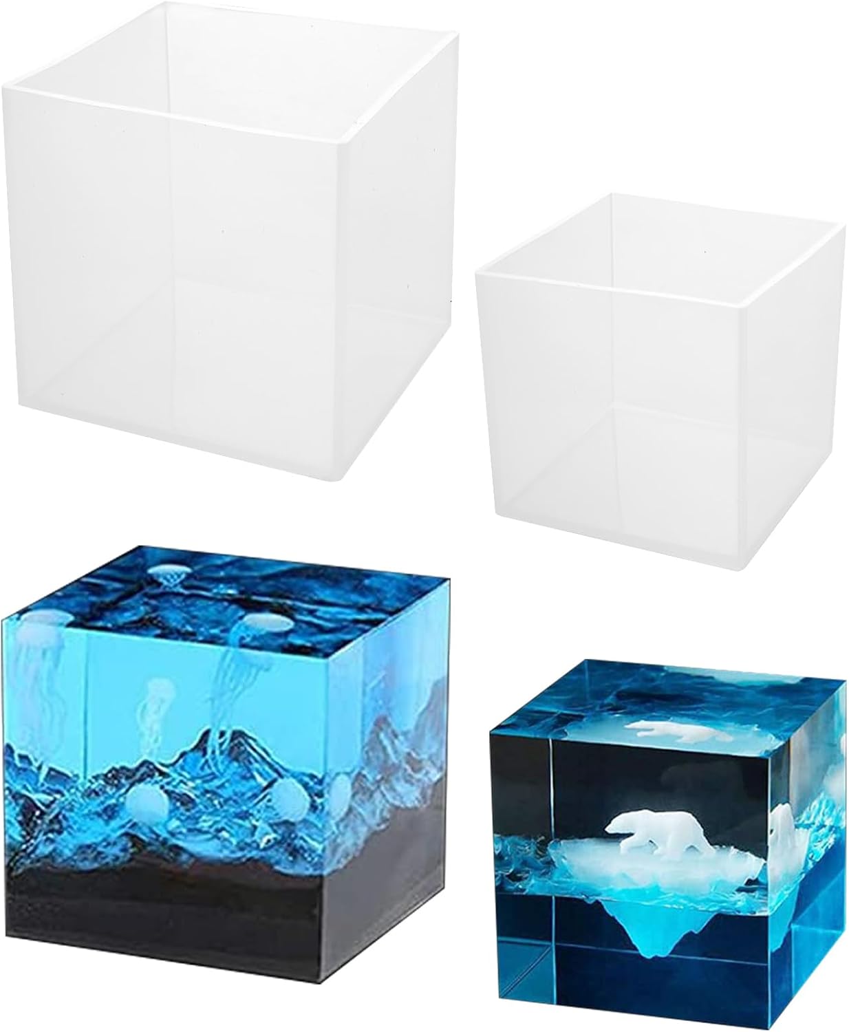 2 Pack Square Resin Molds Cube Silicone Casting Molds, 2 Sizes Epoxy Resin Molds Transparent Square Silicone Molds for Resin Casting, 4 Inch and 3Inch