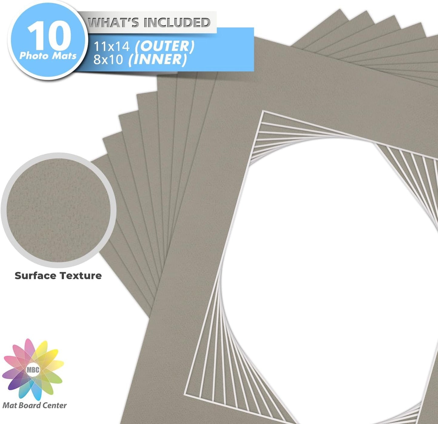 Mat Board Center, Pack of 10, 11x14 for 8x10 Middle Gray Color Mats - Bevel Cut, Acid Free, 4-ply Thickness, White Core - for Pictures, Photos, Framing