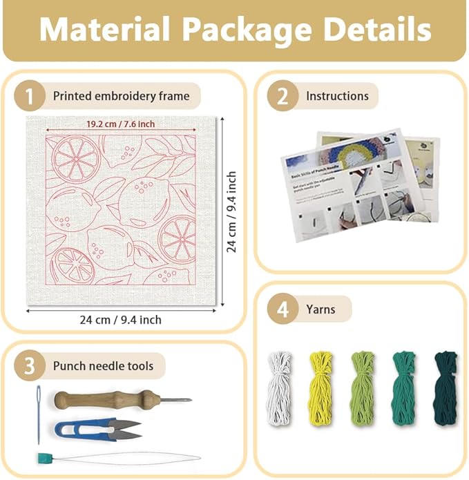 Doodlream Lemon DIY Punch Needle Embroidery Kit for Adult Beginner, 9.4" Lemon Punch Stitching Craft Set for Starter with Frame, Fabric Pattern, Threader, Yarn, Pinch Needle